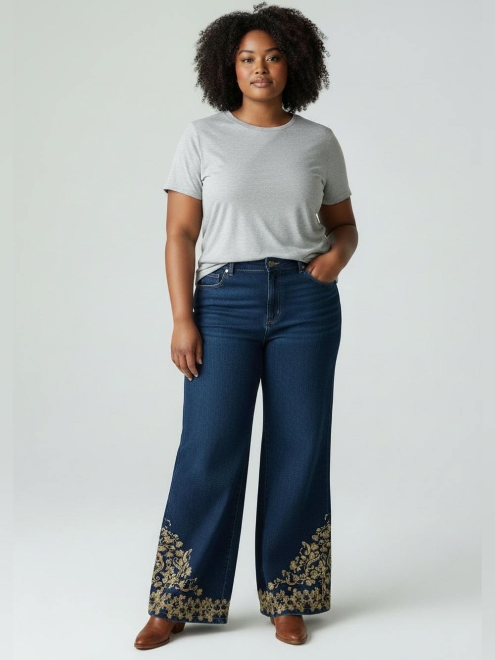 Denim 24/7 Dark Blue Wide-Leg Jeans with Gold Embroidered Hem size 16W
